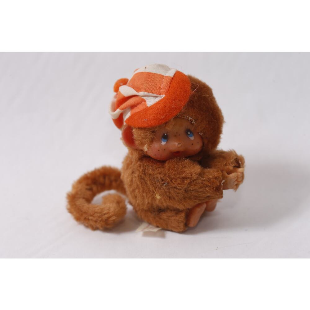 1970s Sekiguchi Monchhichi Brown Plush Monkey in Striped Hat ~ 260425-WH M-01-04
